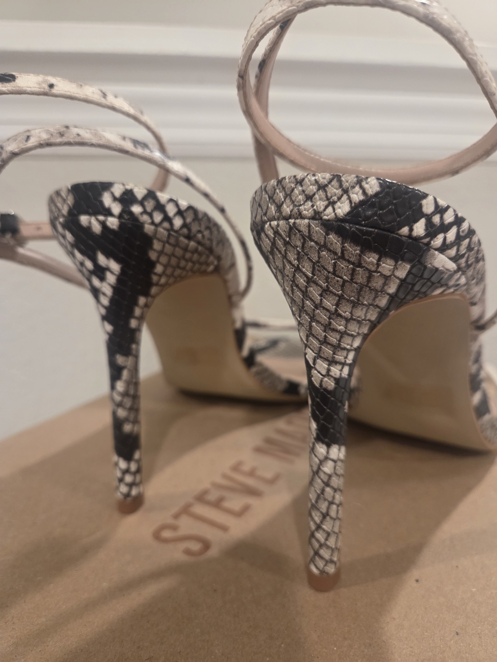 Steve Madden Women's Snakeskin Ankle-Strap Sandals in Beige/Black - Picture 3 of 4